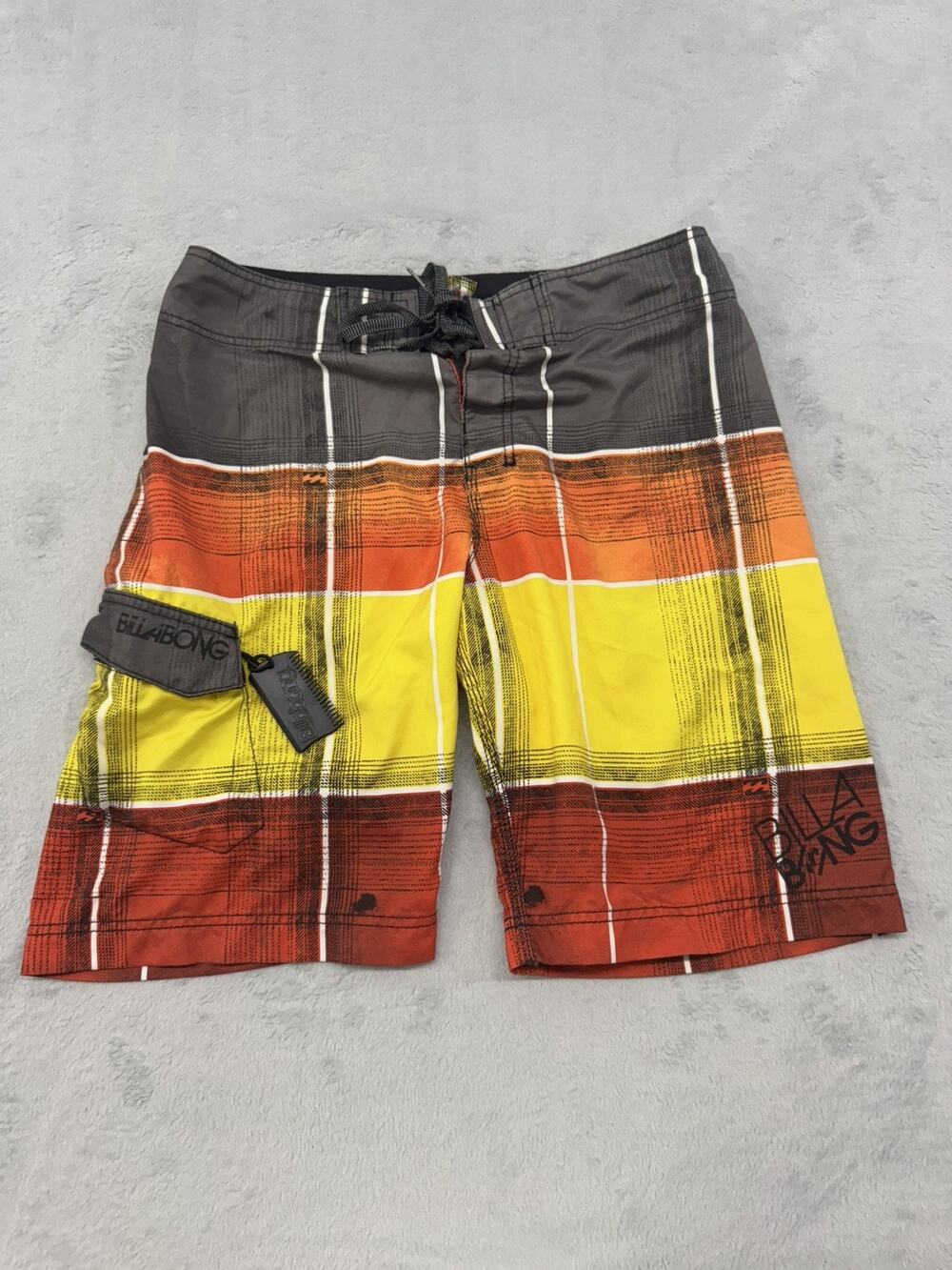 Vintage Billabong Board Shorts 32 Plaid Spellout Comb Pocket Swim Surf Skate